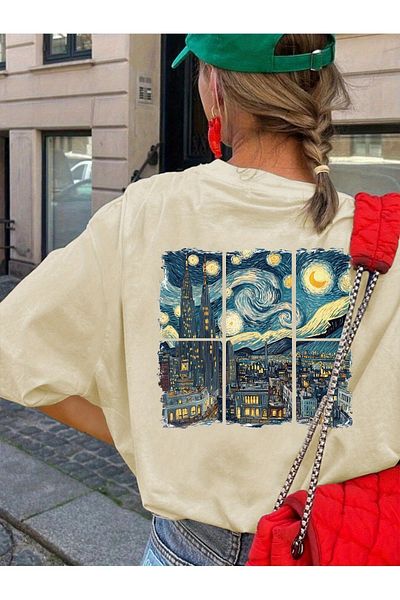uyguntarz Unisex City View Vangogh με στάμπα μπλουζάκι μεγάλου μεγέθους