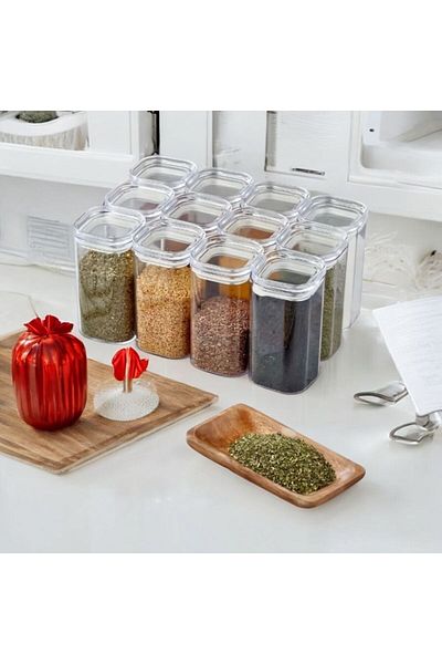 emdeco Set of 12 Vacuumed 300 ml Leakproof Acrylic Mica Spice Containers with Lids Label + Spoon Gift
