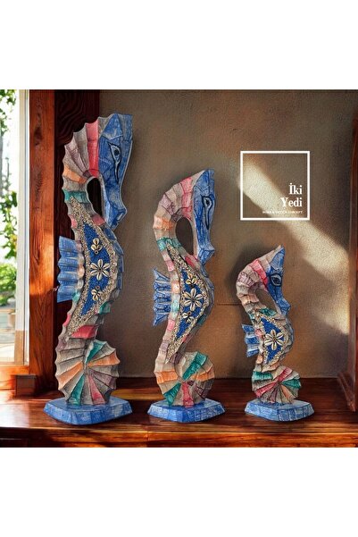 77 Seahorses 77-2 Renkli Ahşap 3’lü Denizatı Heykeli – 50 cm Büyük Dekoratif ...