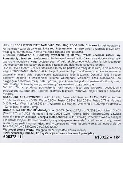 Hill's Hrană câini, Hill's, Metabolic Mini Adult, pui, 1 kg