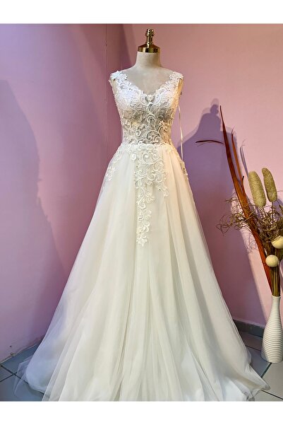 GÖKŞİN MODA Off White V Neck Helen Wedding Dress