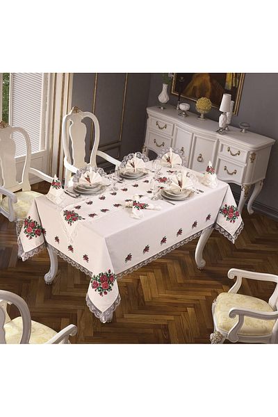 Cardea Home Collection Cross Stitch Printed Tablecloth Set 18 Pieces for 8 People