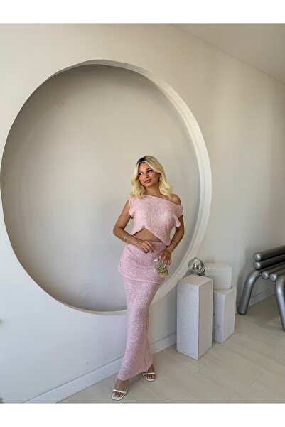 FEHUBLOOM Pink Textured Drape Detailed Double Suit