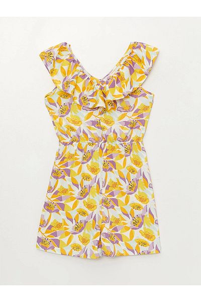 LC Waikiki Mixed Boat Neck Patterned Girl's Jumpsuit