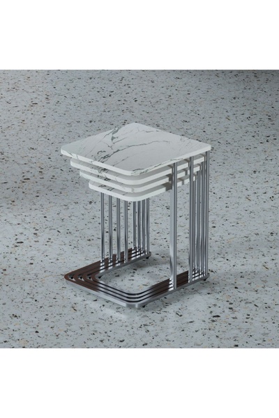 Teknor Stil Ceylin 4lü Zigon Sehpa Tekerlekli Gümüş Ayaklı Mermer Desenli