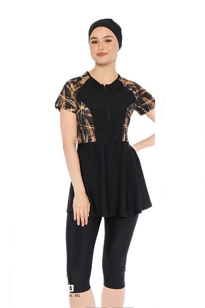 allsea Black Short Sleeve Patterned Half Covered Swimsuit – C4T7N26 with Leggings
