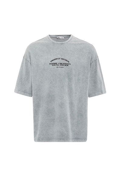 VAMOSCLO Washable Front Text Printed Oversize T-Shirt Gray