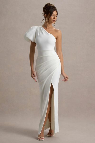 OLSAMODA Women's Balloon Sleeve One Shoulder Drape Detail Long Dress