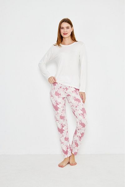 ÇağrıHome Women's 100% Cotton Luxury Viscose Fabric White Six Flower Pattern Long Sleeve Thin Winter Pajamas Set