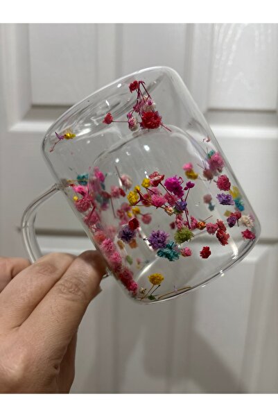 SEVEN7 Çift çidarlı kuruyulmuş çiçekli Borosilikat bardak kulplu