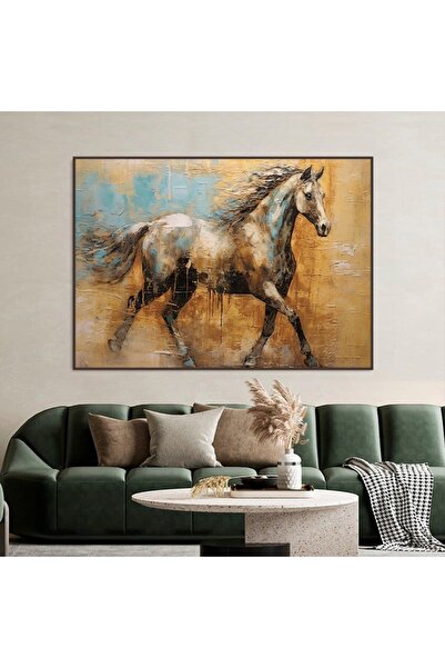 4gdran لوحة قماشية بتصميم خيول مع برواز شامبين مجوف