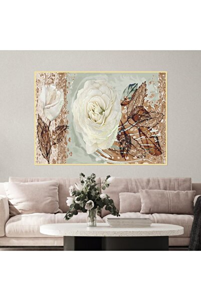 4gdran لوحة قماشية بتصميم وردة بيضاء مع برواز ذهبي مجوف