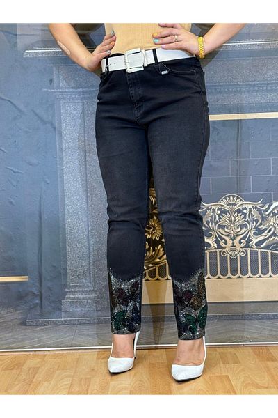 Yeşilmoda Evening Dress Jeans,Straight,Stretchy, Stone Embroidered,High Waist,Jeans,Black,Zipper,Button,With Pocket