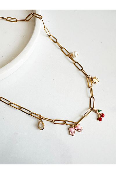 NevoAccessory Cherry, Ribbon, Clover Charm Steel Necklace