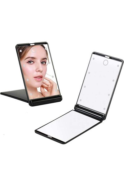Bonjour LED Lighted Travel Mirror, 1X/2X Magnification Folding Compact Mirror, Portable Makeup Mirro