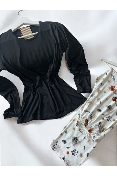 ÇağrıHome Women's 100% Cotton Luxury Viscose Fabric Black Six Flower Pattern Long Sleeve Slim Winter Pajamas Set