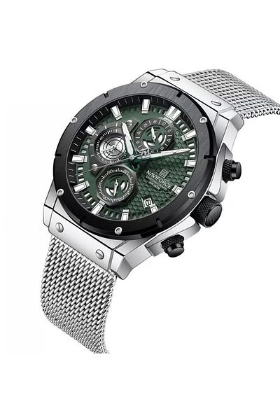 Naviforce Men's Chronograph Watch – 43mm Green Dial, Silver Mesh Strap, Water Resistant