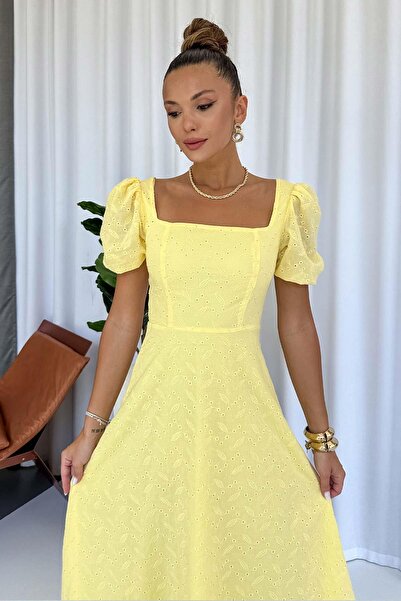 Mine Tan Butik Balon Kol Kare Yaka Nakış Detay Elbise - Sarı