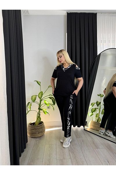 LİKRA Дамски костюм от ликра и вискоза, голям размер, с прозорци през раменете и детайли на лентата