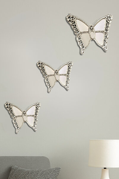 3D AKSESUAR DÜNYASI Üçlü Aynalı Kelebek Duvar Süsü Beyaz