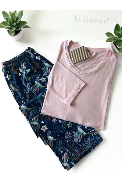 ÇağrıHome Women's 100% Cotton Luxury Viscose Fabric Pink Six Flower Pattern Long Sleeve Thin Winter Pajamas Set