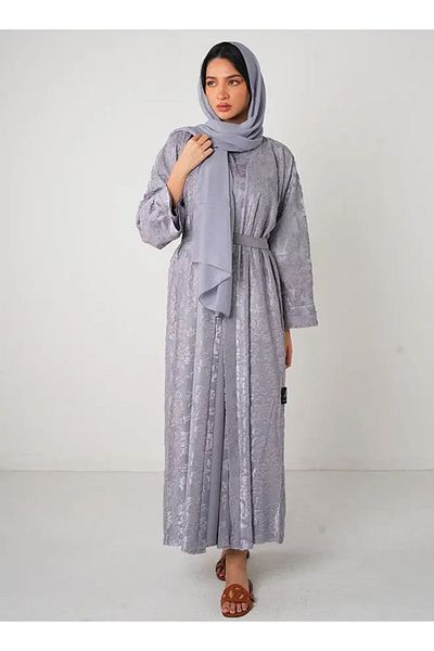 Jameela Gray Full lace Open Abaya 3 pieces Set