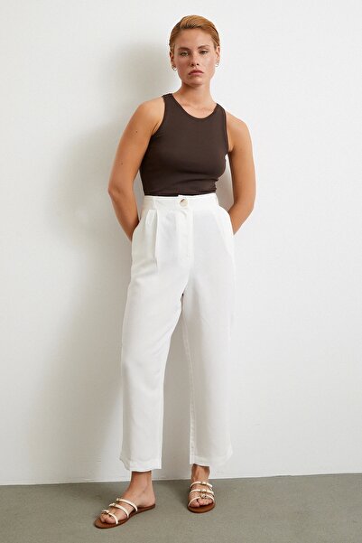 Never more Double Pleated Linen Trousers Cream