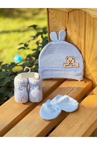 BETSY STUDIO Baby Blue Booties & Embroidered Beanie (Hat) & Gloves Set Newbor...