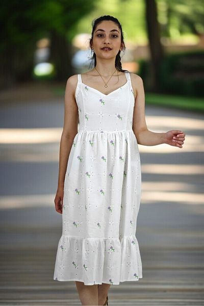 yagmurberen 100% Cotton Brode Alaçati Dress with Hanging Back, Giped Lined, Bird's Eye Pattern