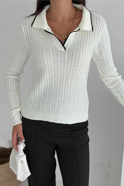 FEMELLE Women's Ecru Polo Neck Standard Size Knitwear Blouse