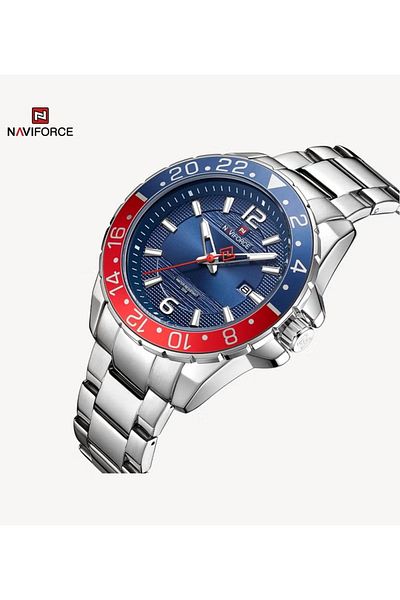 Naviforce Mens Sport Watch Stainless Steel Band Analog Quartz Movement Rotating Bezel Water Resistant