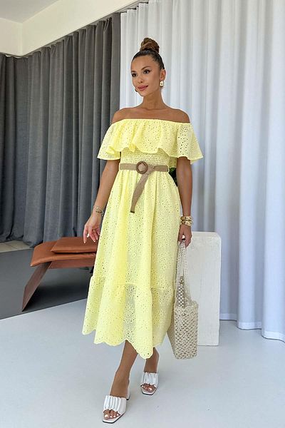 Mine Tan Butik Rochie cu centură cu detaliu Fisto cu guler Madonna - Galben