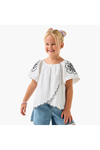 ELIGO بلوزة مطرزة على شكل حرف A وأكمام قصيرة