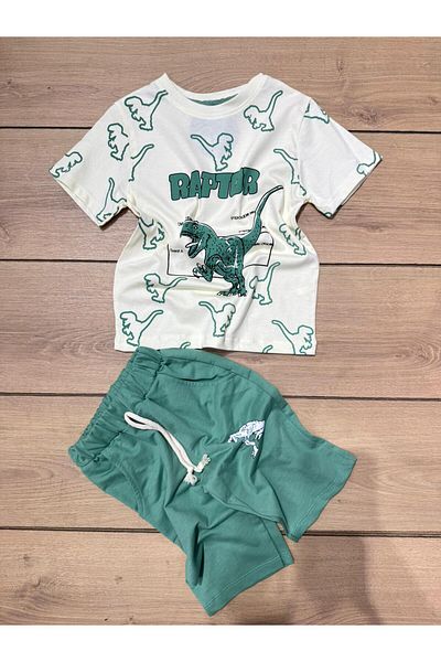 Tk Tela Kids Men's Combed Cotton Set 2-Pack 5/8 Age Range 30/1 Combed Cotton T-Shirt Little Dinosaur on Cream Color Top