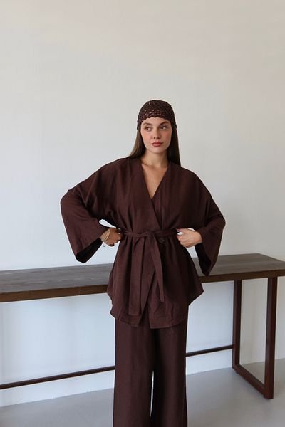 Laluvia Brown Cotton Kimono and Wide Leg Pants Set
