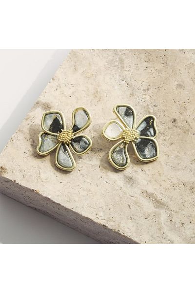 NARRU Handmade NARRU earrings, flower with metal edge, white, black, gold, Ava