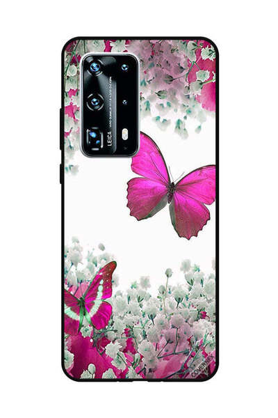 Covernex غطاء حماية لهاتف هواوي بي 40 برو بلس - فراشات وردية داكنة وزهور بيضاء