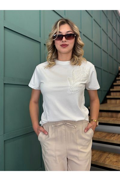 dörtelle Tricou de damă cu decolteu cu mărgele brodate