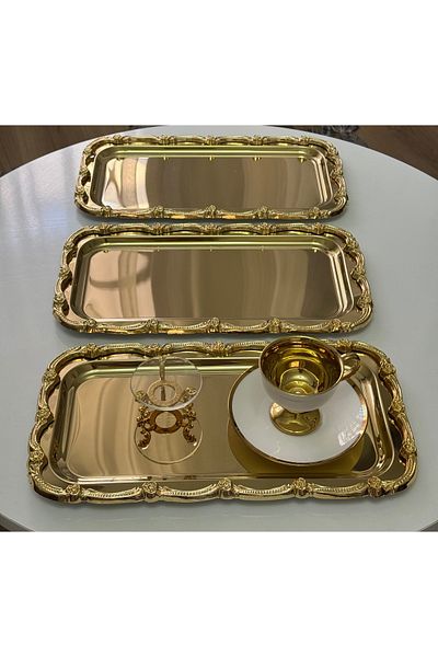 SEVA ÇELİK 3 Pcs Gold Color Large Rectangular Frame Model Service and Presentation Tray