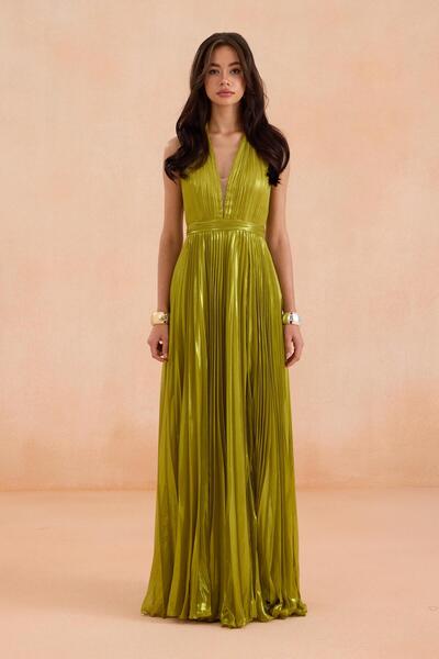 Carmen Fıstık Yeşili Sırt Dekolteli Laklı Şifon Abiye Elbise