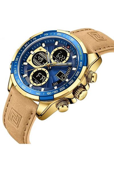 Naviforce Stylish Mens Dual Time Quartz Watch with Blue Dial Gold Case Leather Strap Analog Digital Display