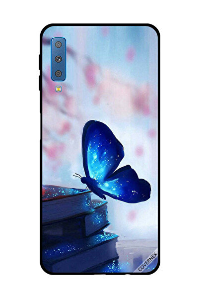 Covernex غطاء حماية لهاتف سامسونج جالاكسي A7 2018، فراشة زرقاء داكنة على الكتب