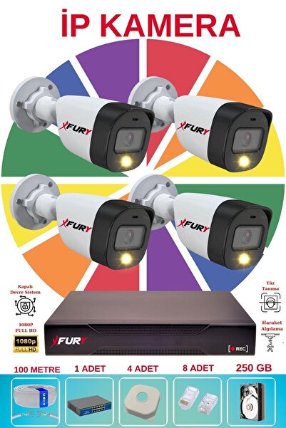 FURY 4 Lü Ip Güvenlik Kamera Seti Sesli 4mp Gece Renkli Su Geçirmez 5515s 250GB