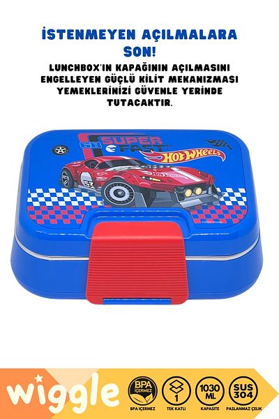 WİGGLE Bento 1030ml Lunchbox Hotwheels Licensed Single Layer 2 Compartment Stainless Steel Lunch Box Lunch Box