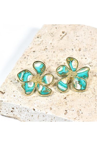 NARRU Handmade NARRU earrings, flower with metal edge, turquoise green, white and gold, Ava