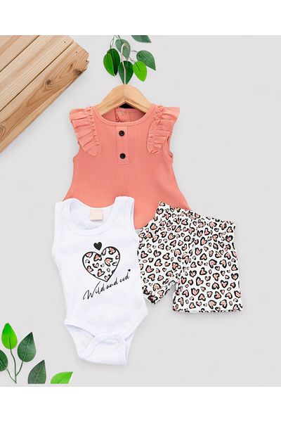 Ege Bebek Baby Girl 0-3-6-9-12 Months Summer Leopard Shorts, Twinset Bluz and Snap Body 3-Piece Newborn Set