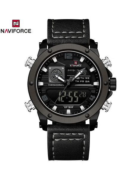 Naviforce Men's Dual Time Chronograph Sports Watch – 46mm Black Dial, Leather Strap, 30M Water Resistant