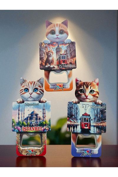 GALATA GIFT Cat Shaped Bottle Opener Magnet Istanbul Photo Holding Cat Magnet-Soda-Soda-Bottle Opener/3Pcs
