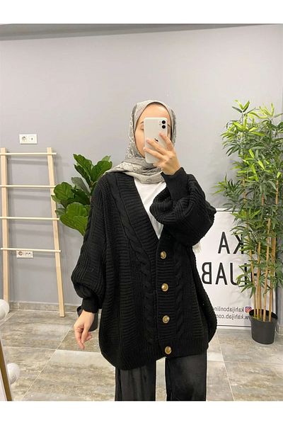 POİNE Hair Braided Balloon Sleeve Knitwear Winter Buttoned Women's Cardigan