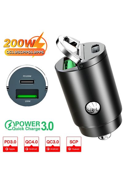 Choice 200W QC PD 100W/200W QC3.0 PD Mini Car Charger 12-24V Lighter Fast Charging Car USB Type C Charger f